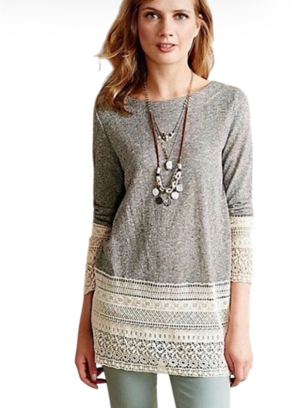 OSO Casuals Gray Knit Lace Tunic Top Size M